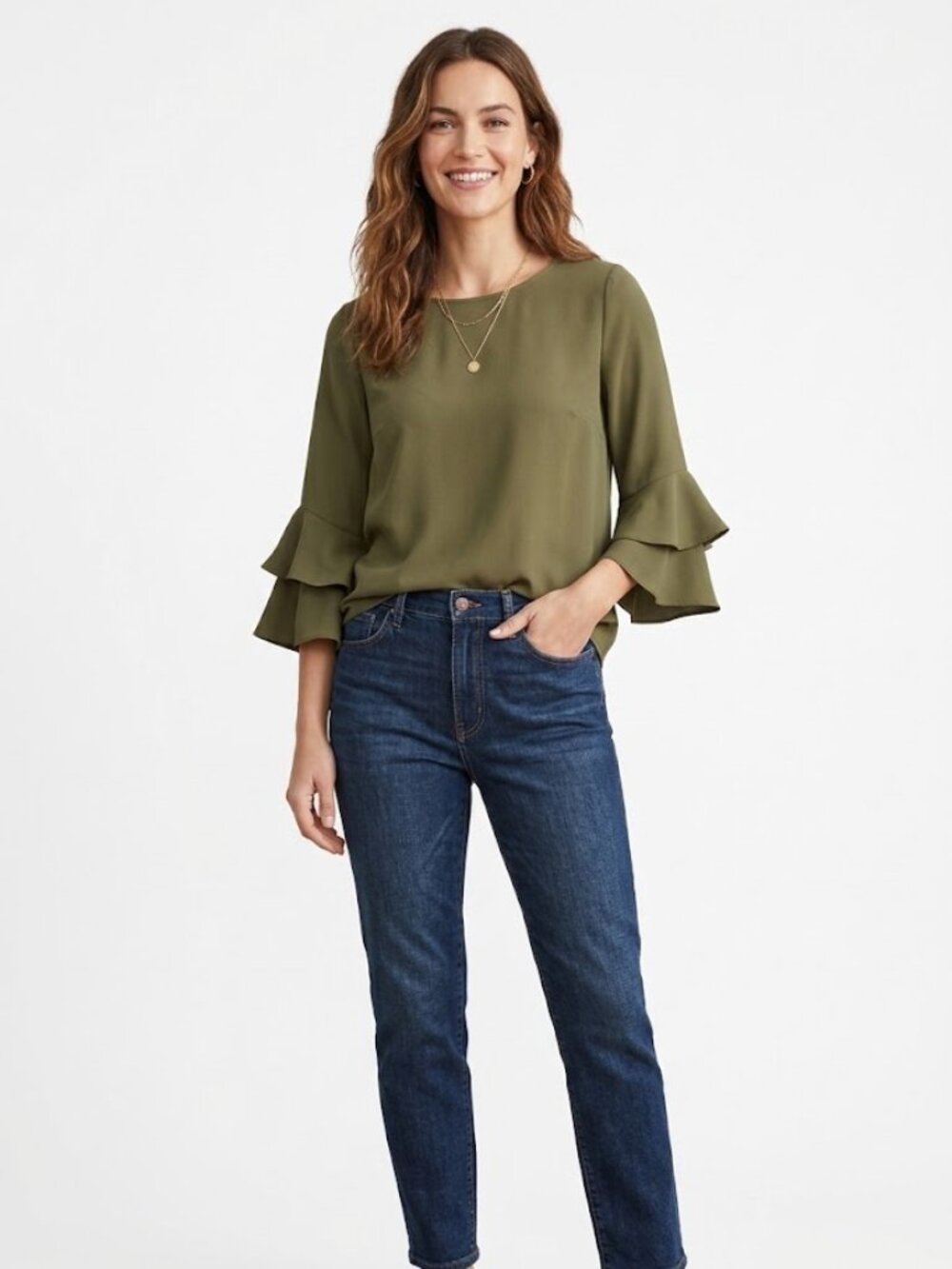 J. Crew Green Tiered Ruffle 3/4 Sleeve Blouse Top Button Back Size 2 Olive Army